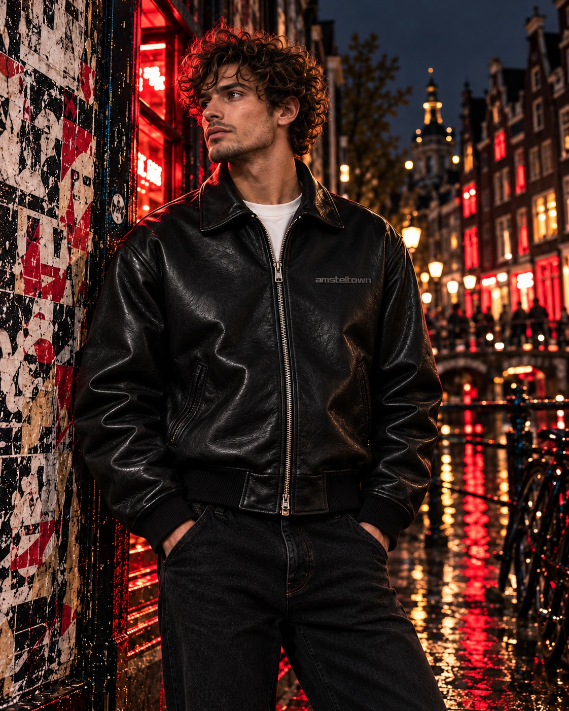 Leather bomber / Black on an adult model in Amsterdam