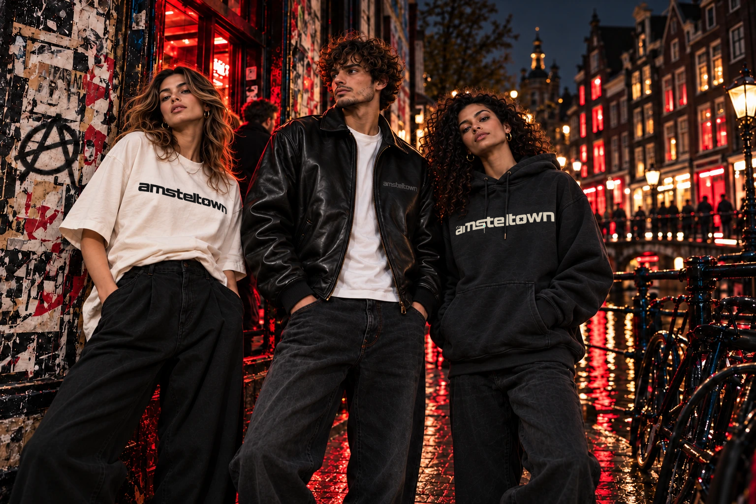 Three adult models wearing the amsteltown first drop beside an Amsterdam canal at night