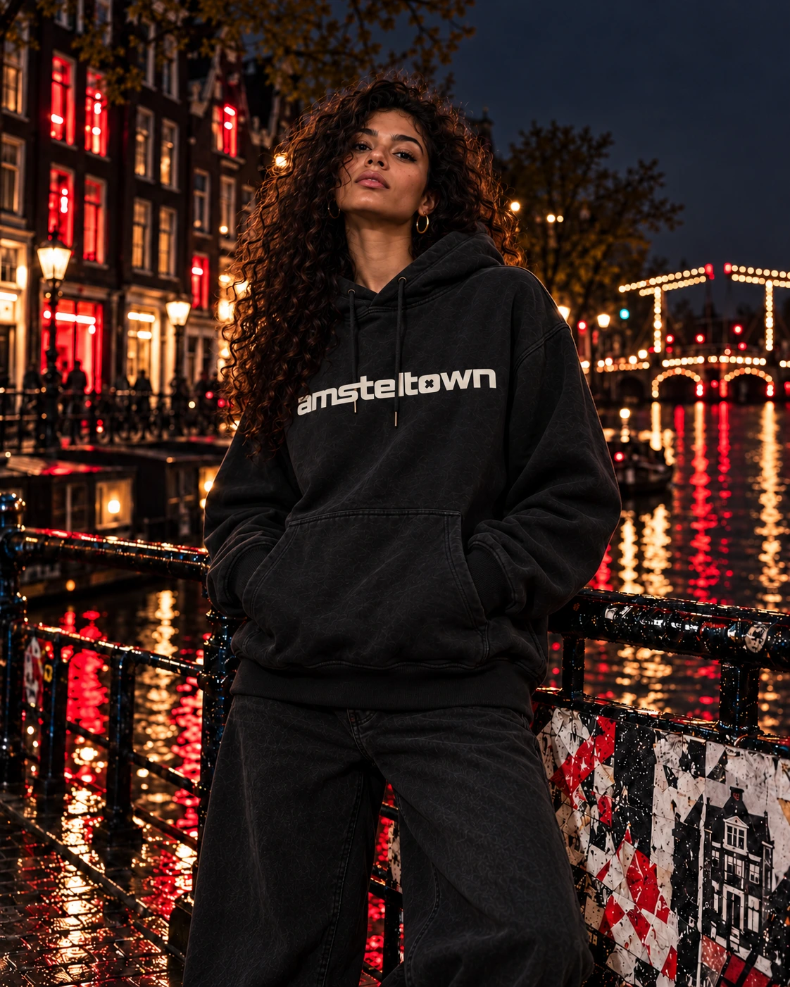After hours hoodie / Washed black on an adult model in Amsterdam